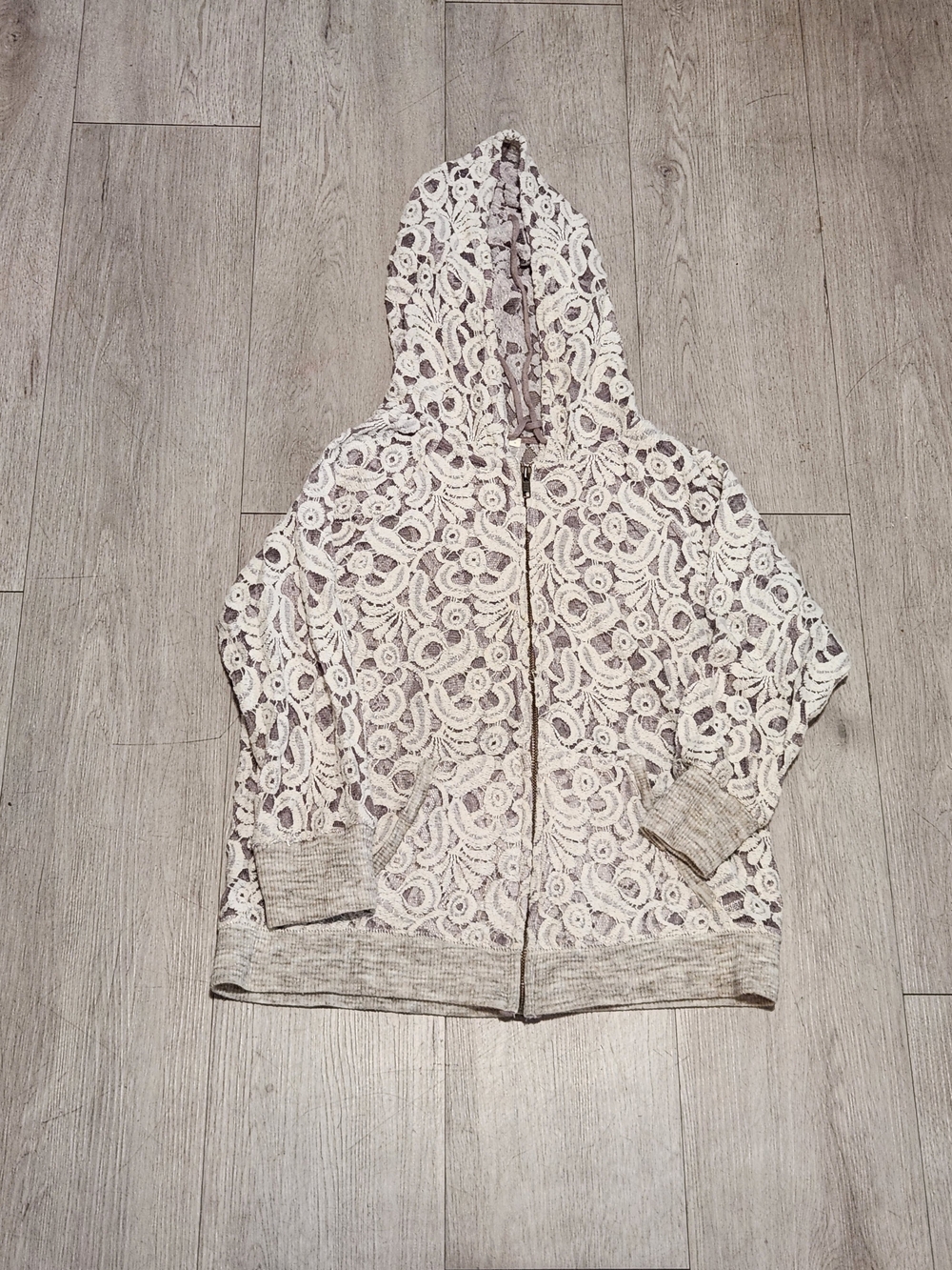 Vintage Anthropologie Off White Floral Lace Zip Up Hoodie Sweatshirt Size M